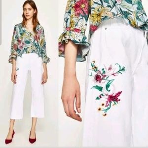 Zara Denim Wide Leg Embroidered White Jeans NWT